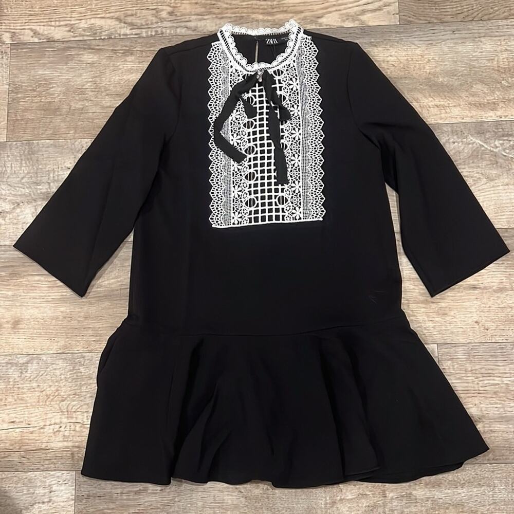 Zara NWT Black Contrast Lace Tie Front Ruffle Mini Dress S M - Picture 11 of 16
